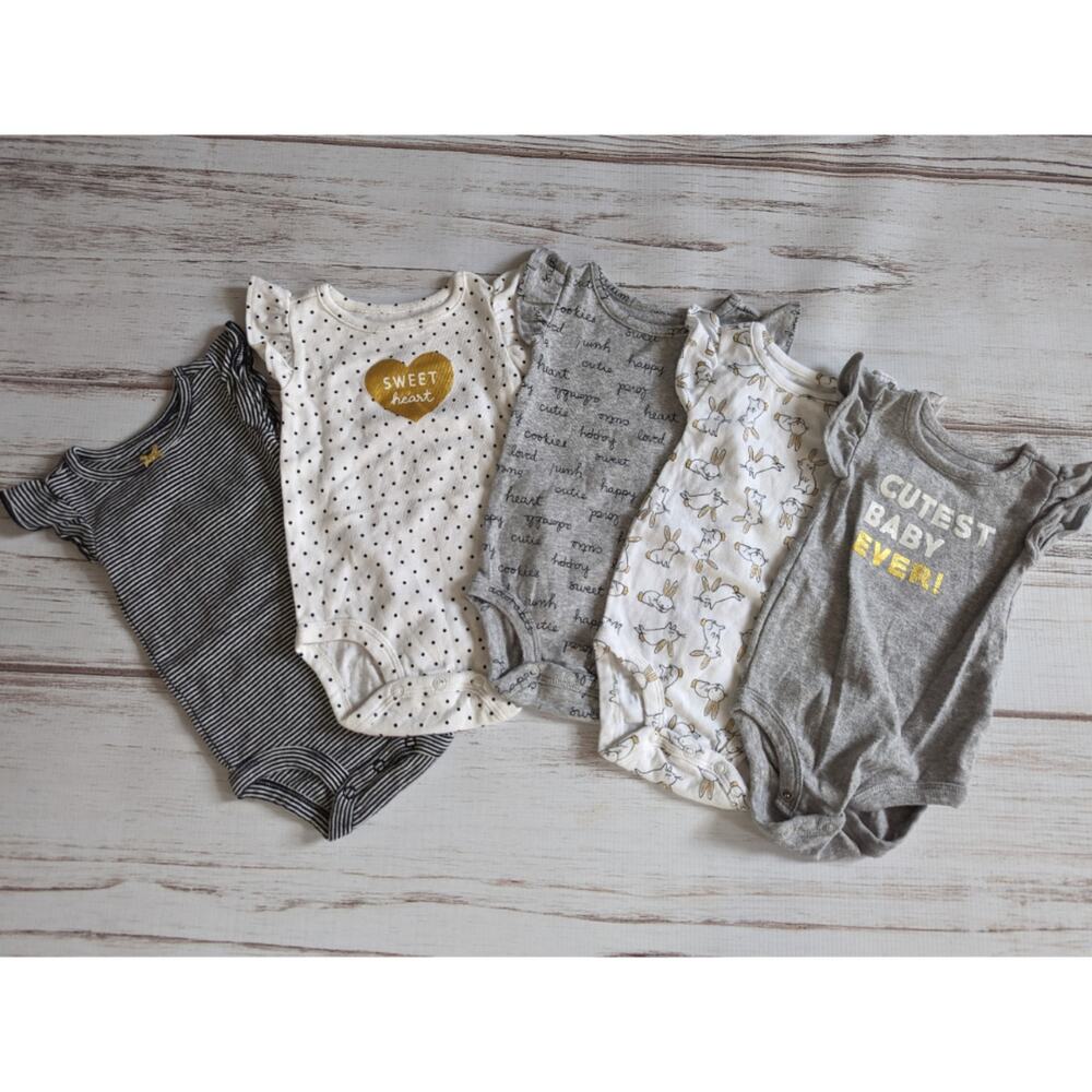 Carter's Infant Girl Flutter Sleeve Black White and Gold Onsie Bundle Sz 6M